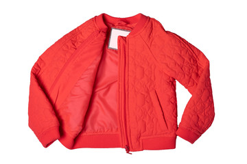 Childrens jacket for spring and autumn. Stylish red warm down jacket isolated on a white...