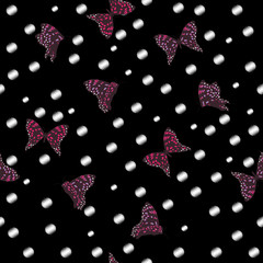 Flying butterflies in the garden night seamless pattern vector on hand drawn white polka dots sketch with wind blowing flowers