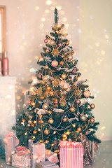Christmas and New year still life. Festive decoration of the interior with Christmas tree. 