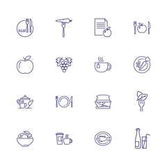 Vegetarian icons. Set of line icons. Calorie, grape, salad, fish. Dieting concept. Vector illustration can be used for topics like food, meal, healthy eating