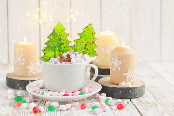 the Christmas sweets. Christmas still life with cookies and candy, holiday party new year. light tone, soft focus