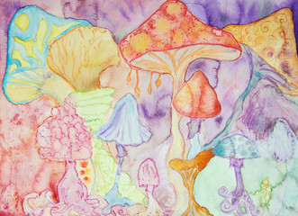 Trippy magical psychedelic mushrooms. The dabbing technique near the edges gives a soft focus effect due to the altered surface roughness of the paper..