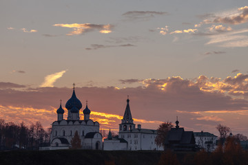 View of the Suzdal Kremlin located on the Kamenka River at sunrise. Golden Ring of Russia