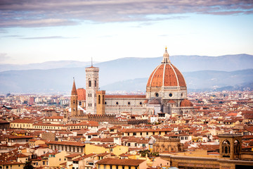 Fototapeta na wymiar Florence Duomo. Basilica di Santa Maria del Fiore in Florence. Brunelleschi's dome, as seen from Michelangelo hill. Tuscany, Italy