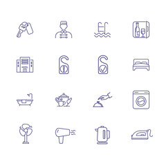 Hotel line icon set. Door sign, hotel building, pool, receptionist. Hotel service concept. Vector illustration can be used for topics like travel, vacation, hospitability