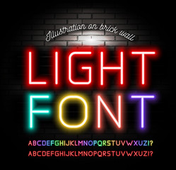 Light neon fonts on brick wall background. Vector