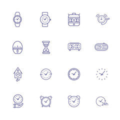 Watches line icon set. Set of line icons on white background. Watch concept. Clock, alarm, cuckoo clock. Vector illustration can be used for topics like time, watch shop, home interior