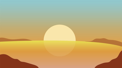 Landscape with river and sun. Scenery vector illustration.