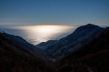 golden sunbeam on the Amalfi coast, Lattari mountains, Italy