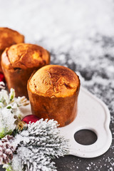 Traditional Christmas Panettone with raisins and dried fruits on white serving plate with snow in the background with copy space for text.