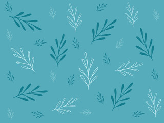 blue and white leaves twigs on blue background, floral print,