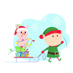 Fototapeta na wymiar Christmas elf and pig with Santa sledge. Present, helper, animal. Can be used for topics like symbol of year, celebration, winter