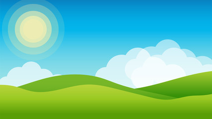 Fototapeta na wymiar Landscape with hills, clouds and sun. Scenery vector illustration.