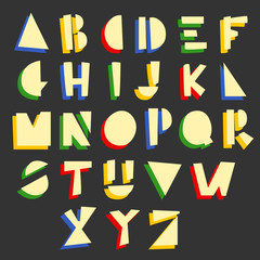 Holiday geometric hand drawn alphabet. Colorful vector illustration for Christmas and New Year