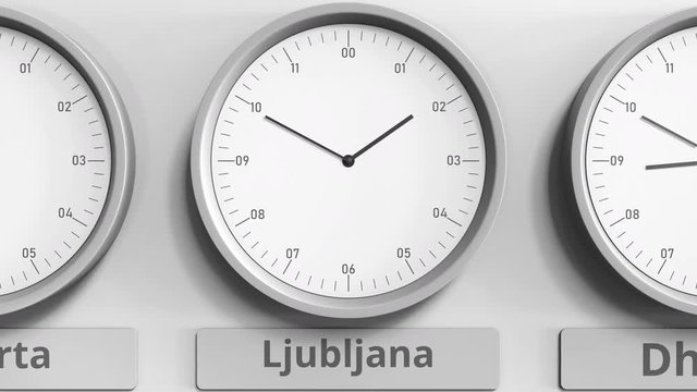 Clock shows Ljubljana, Slovenia time among different timezones. 3D animation