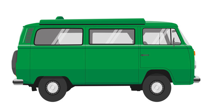 a green bus with many details
