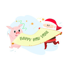 Santa Claus and pig celebrating New Year. Character, celebration, decemper. Can be used for topics like holiday, symbol of year, party