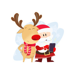 Santa Claus and reindeer taking selfie. Smartphone, character, cartoon. Can be used for topics like Christmas, North Pole, communication