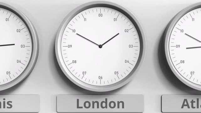 Clock shows London, United Kingdom time among different timezones. 3D animation