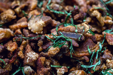 Details of homemade food made in Brazil, meat vegetables and other Brazilian spices.