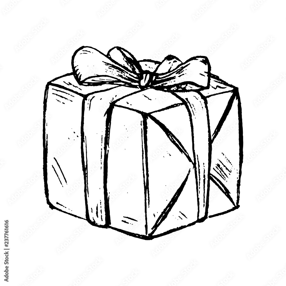 Wall mural pencil sketch of present box with a bow and ribbon, hand-drawn vector vintage illustration, sketch i