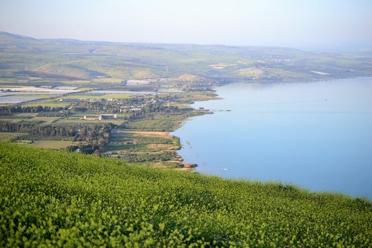 View of the sea of Galilee Kinneret lake from Mt. Arbel mountain, beautiful lake landscape, Israel, Tiberias