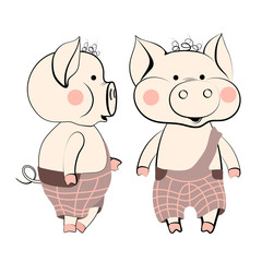 Little cheerful walking pig character in two angles, front view and side view, a symbol of the new 2019 year on the Chinese calendar