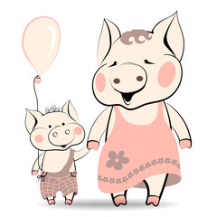 Cartoon Characters of the New Year on the Chinese Calendar Mom Pig and Son Piggy merrily, holding hands holding the piglet holding a balloon. Happy childhood!