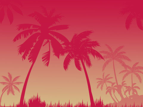 red silhouettes of palm trees on pink red background,several palm trees, place for inscription