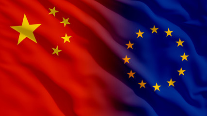 Waving China and EU Flags