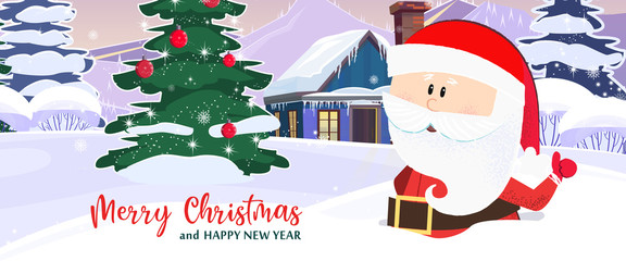 Merry Christmas and Happy New Year leaflet design with Santa. Lettering with Santa Claus on background with snowy landscape. Can be used for postcards, invitations, greeting cards