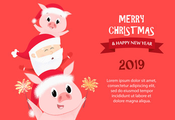Fototapeta na wymiar Merry Christmas and Happy New Year sample banner design. Inscription with piglets and Santa on red background with sample text. Can be used for postcards, invitations, greeting cards