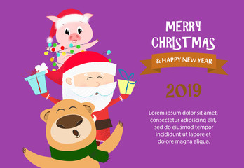 Merry Christmas and Happy New Year sample purple banner design. Inscription with bear, Santa and piggy on purple background with sample text. Can be used for postcards, invitations, greeting cards