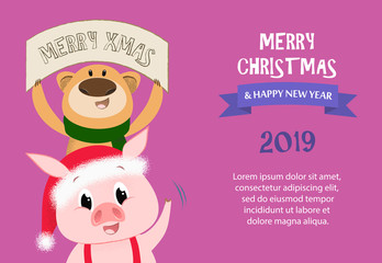Merry Christmas and Happy New Year sample violet banner design. Inscription with piglet and bear on violet background with sample text. Can be used for postcards, invitations, greeting cards