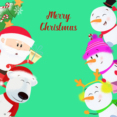 Merry Christmas bright green postcard design. Lettering with cartoon company on bright green background. Can be used for postcards, invitations, greeting cards