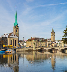 The Limmat river and buildings of the historic part of the city of Zurich in winter. Zurich is the largest city in Switzerland and the capital of the Swiss canton of Zurich.
