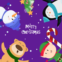 Fototapeta premium Merry Christmas dark violet banner design with cartoons. Inscription with penguin, bear, elf and snowman on purple background. Can be used for postcards, invitations, greeting cards