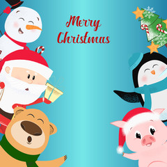 Merry Christmas festive blue postcard design. Lettering with cartoon characters on blue background. Can be used for postcards, invitations, greeting cards