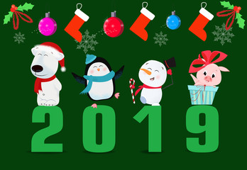 Two thousand and nineteen green poster design. Date with funny cartoons on green background with festive socks. Can be used for postcards, invitations, greeting cards 