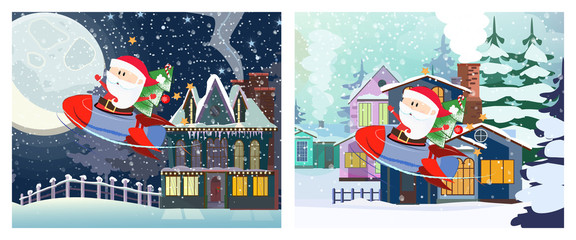 Winter scenery greeting card design. Two illustrations of Santa riding in space ship on background with snowy town and winter country. Can be used for postcards, invitations, greeting cards
