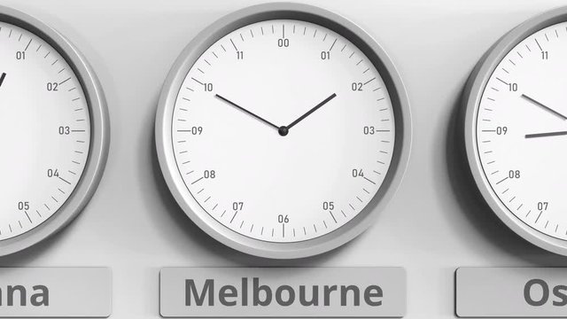 Focus on the clock showing Melbourne, Australia time. 3D animation