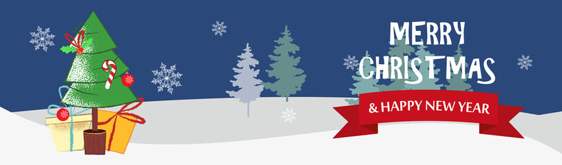 Merry Christmas and Happy New Year blue postcard with fir tree. Illustration of gifts under fir tree on blue background with winter forest. Can be used for postcards, greeting cards, leaflets