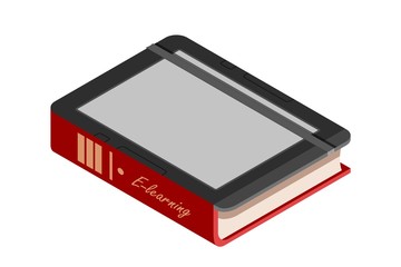 E-book concept on white background. Distance learning. Modern methods of study and training. Vector stock illustration