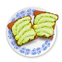 Beautifully plated avocado toast.  Sandwich with avocado paste and spices  and black sesame . Vector illustration healthy food.