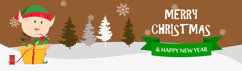 Merry Christmas and Happy New Year brown postcard with elf. Illustration of elf holding present on brown background with winter forest. Can be used for postcards, greeting cards, leaflets