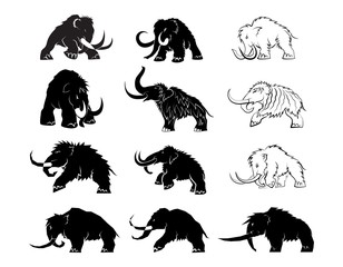Set of black silhouettes of mammoths on a white background. Prehistoric animals of the ice age in various poses. Elements of nature and evolutionary development. Vector illustration.