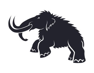 Black silhouettes of mammoths on a white background. Prehistoric animals of the ice age in various poses. Elements of nature and evolutionary development. Vector illustration.