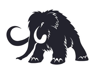 Black silhouettes of mammoths on a white background. Prehistoric animals of the ice age in various poses. Elements of nature and evolutionary development. Vector illustration.