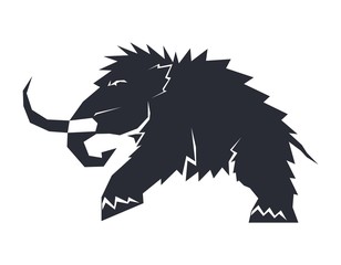 Black silhouettes of mammoths on a white background. Prehistoric animals of the ice age in various poses. Elements of nature and evolutionary development. Vector illustration.