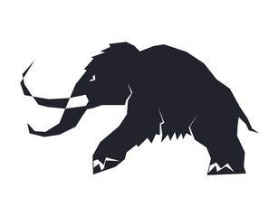 Black silhouettes of mammoths on a white background. Prehistoric animals of the ice age in various poses. Elements of nature and evolutionary development. Vector illustration.